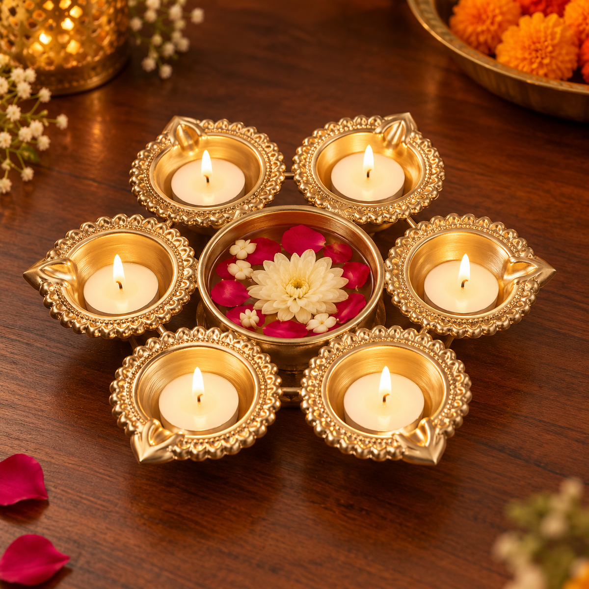 Traditional Indian diya candle holder
Handcrafted brass flower arrangement
Six diya cups and center bowl
Gold tone festive home decor
Diwali and Dhanteras decoration
Uphar Handicrafts