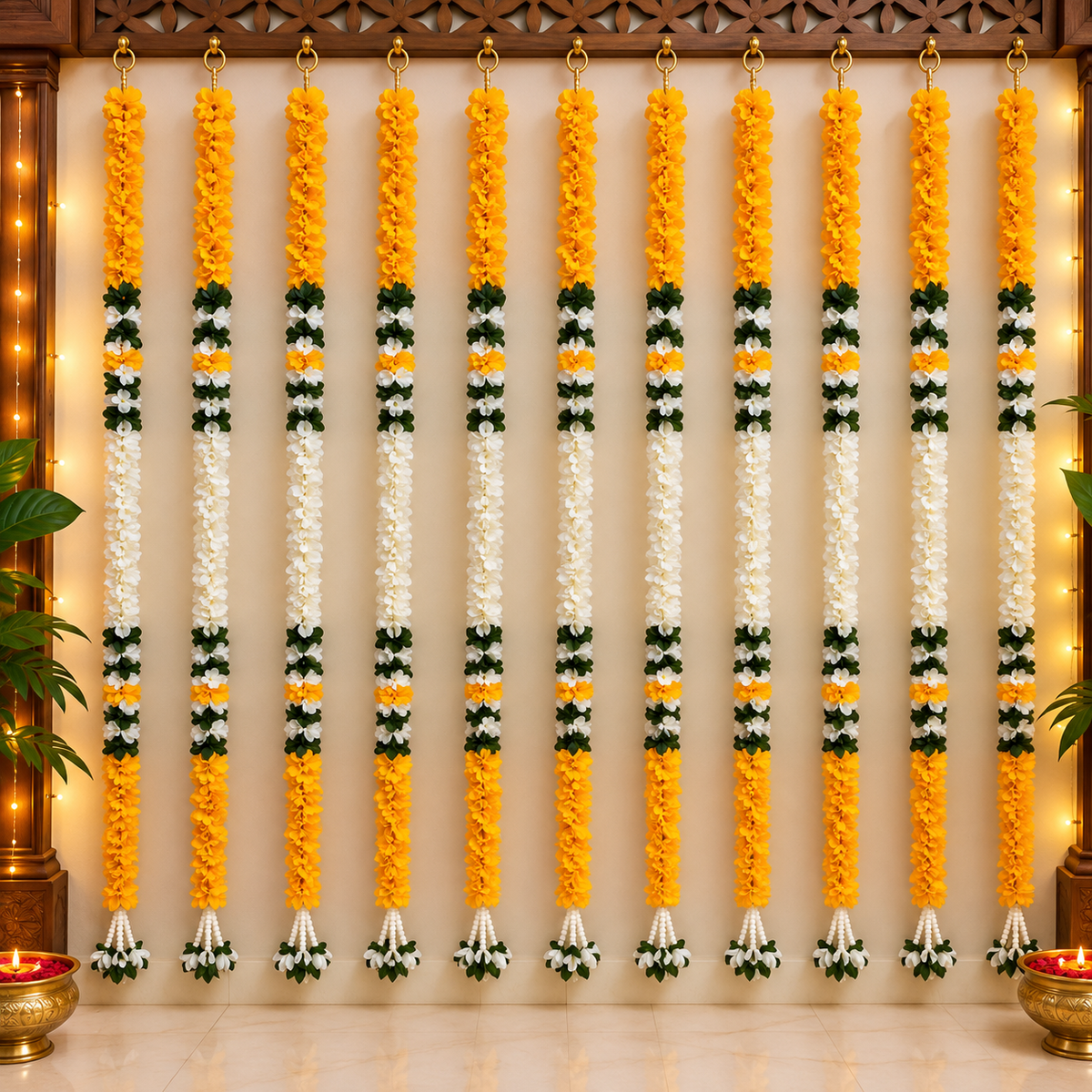 Traditional Indian artificial flower garland
Fabric flowers with leaf detailing
Handcrafted and hand-finished design
Decorative tassel detailing
Five-foot hanging flower string
Festive decor for walls and doorways
Uphar Handicrafts