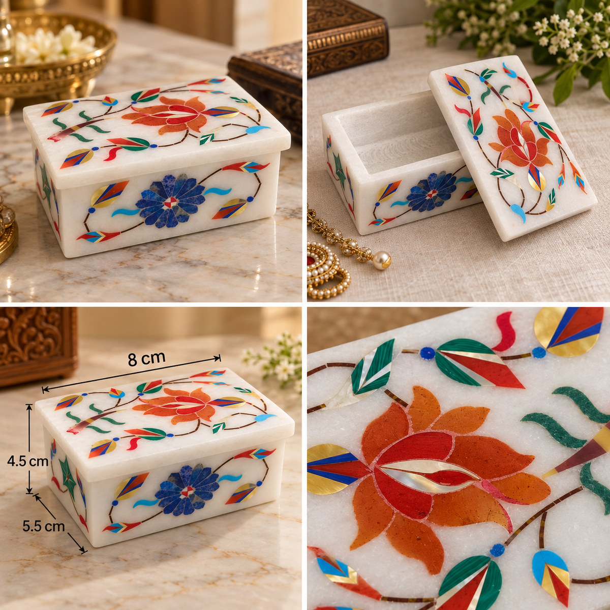 Traditional marble inlay keepsake box
White marble with floral stone motifs
Rectangular lidded box
Handcrafted and hand-inlaid design
Polished marble finish
Mughal-inspired decorative storage
Uphar Handicrafts