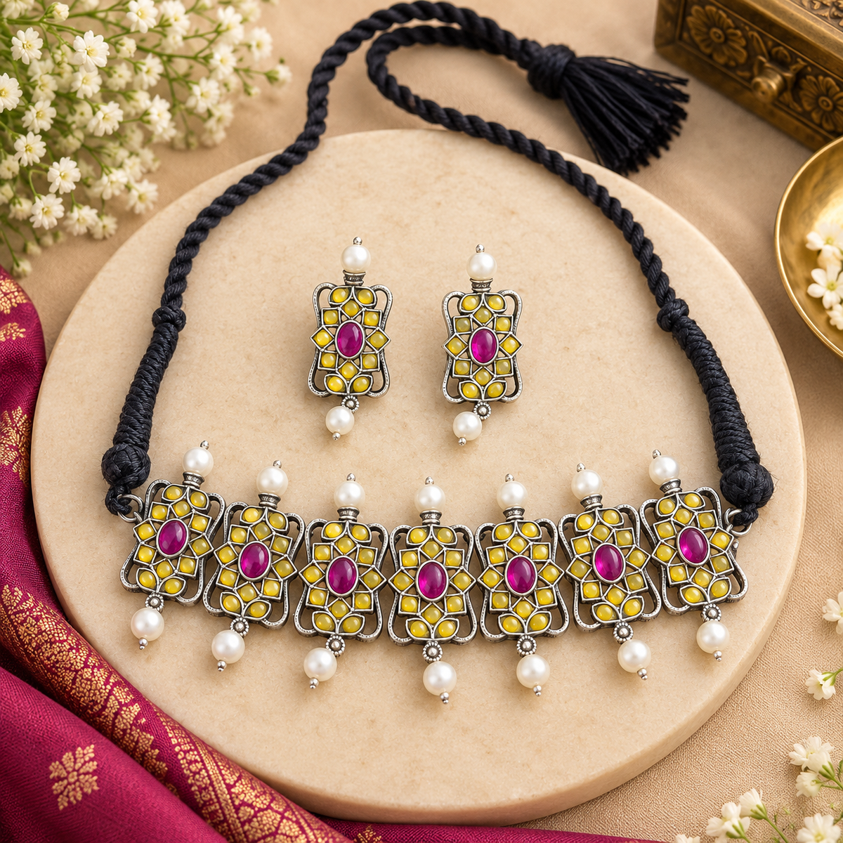 Traditional oxidized necklace with matching earrings
Indian-inspired jewelry with an antique silver-tone finish
Handcrafted metal alloy necklace set
Decorative stones and beads on the jewelry
Matching earrings included in the two-piece set
Festive accessories for weddings and celebrations
Uphar Handicrafts