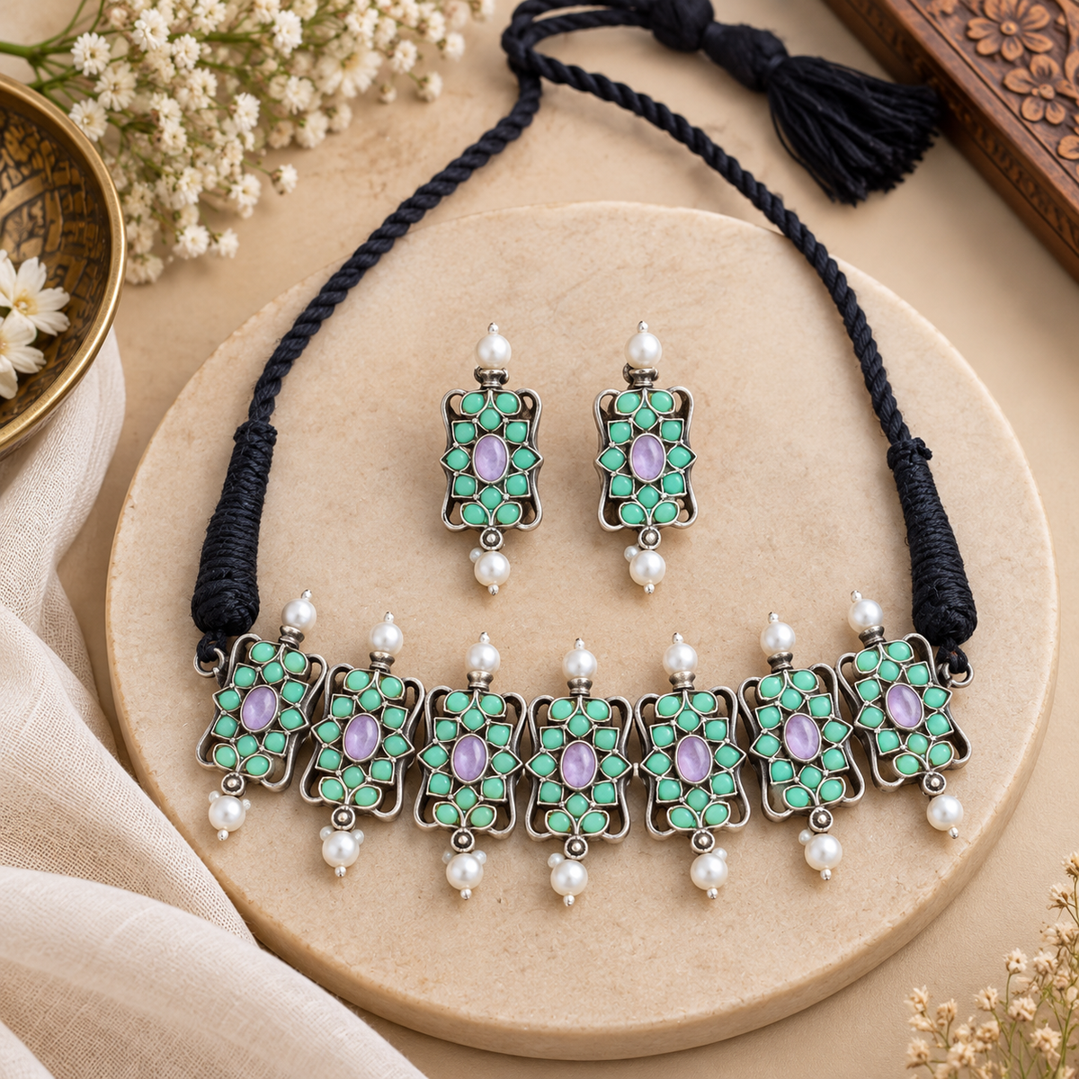Traditional oxidized necklace and earrings set
Indian-inspired jewelry with antique silver-tone finish
Handcrafted necklace with matching earrings
Decorative stones and beads on traditional jewelry
Suitable for weddings, festivals and celebrations
Ethnic jewelry set for traditional outfits
Uphar Handicrafts