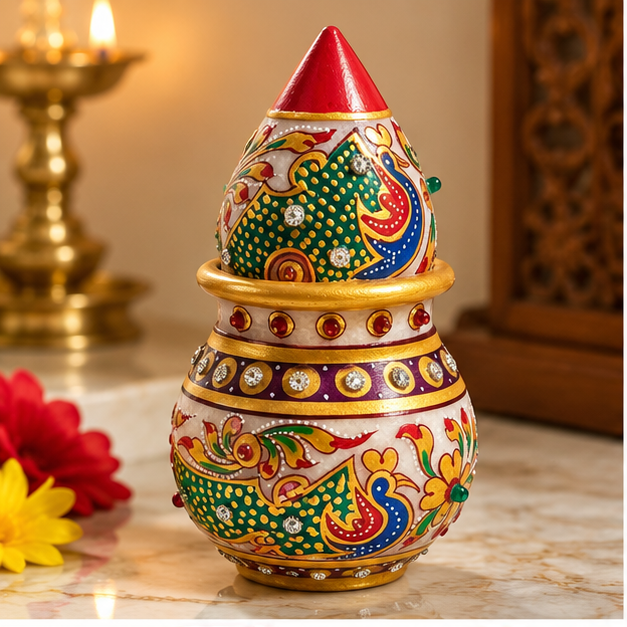 Traditional Rajasthani-inspired marble Kalash
Polished white marble with painted motifs
Gold-tone accents around the decorative artwork
Peacock or floral design options available
Stone detailing complements the handcrafted finish
Indian festive decor for religious celebrations
Uphar Handicrafts