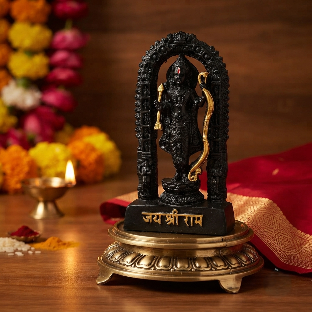 Traditional Ram Lalla home decor
Black polyresin religious idol
Seven-inch Indian devotional statue
Ram Lalla for bookshelf display
Religious gift for Indian celebrations
Uphar Handicrafts