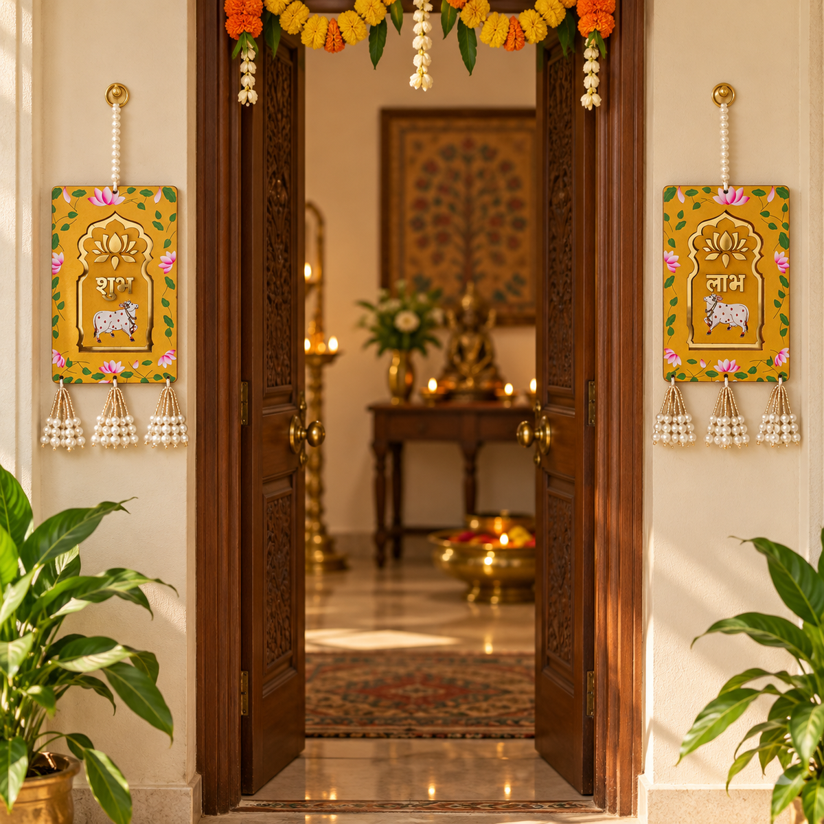 Traditional Shubh Labh festive hanging
Indian-inspired wall decoration
Handcrafted and hand-finished panels
Red and yellow design options
Decorative bead tassels and loops
Uphar Handicrafts