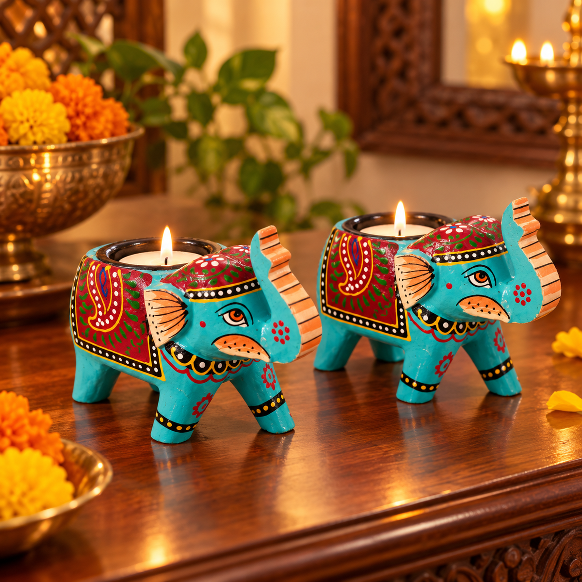 Trunk-up wooden elephant candle holder
Hand-painted elephant tealight holder
Standing elephant table decor
Standard tealight candle holder
Traditional Rajasthani-inspired design
Handcrafted wooden decor
Uphar Handicrafts