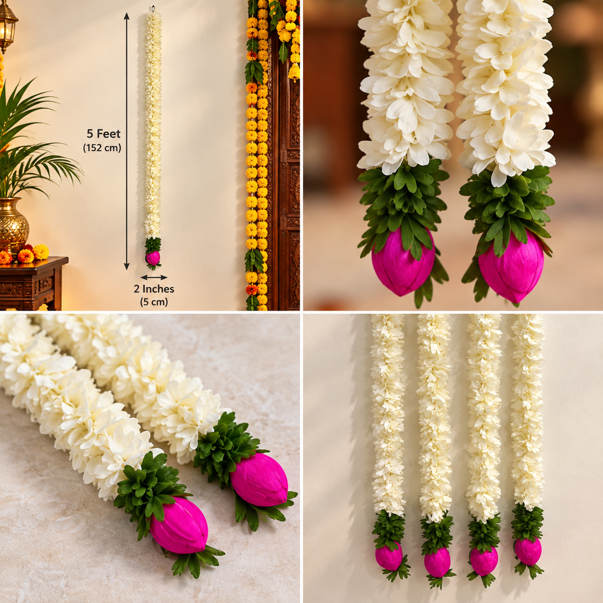 White flower garland with green leaves
Dense fabric flower hanging string
Pink lotus bud finish
Traditional Indian festive decoration
Five-foot decorative flower garland
Uphar Handicrafts