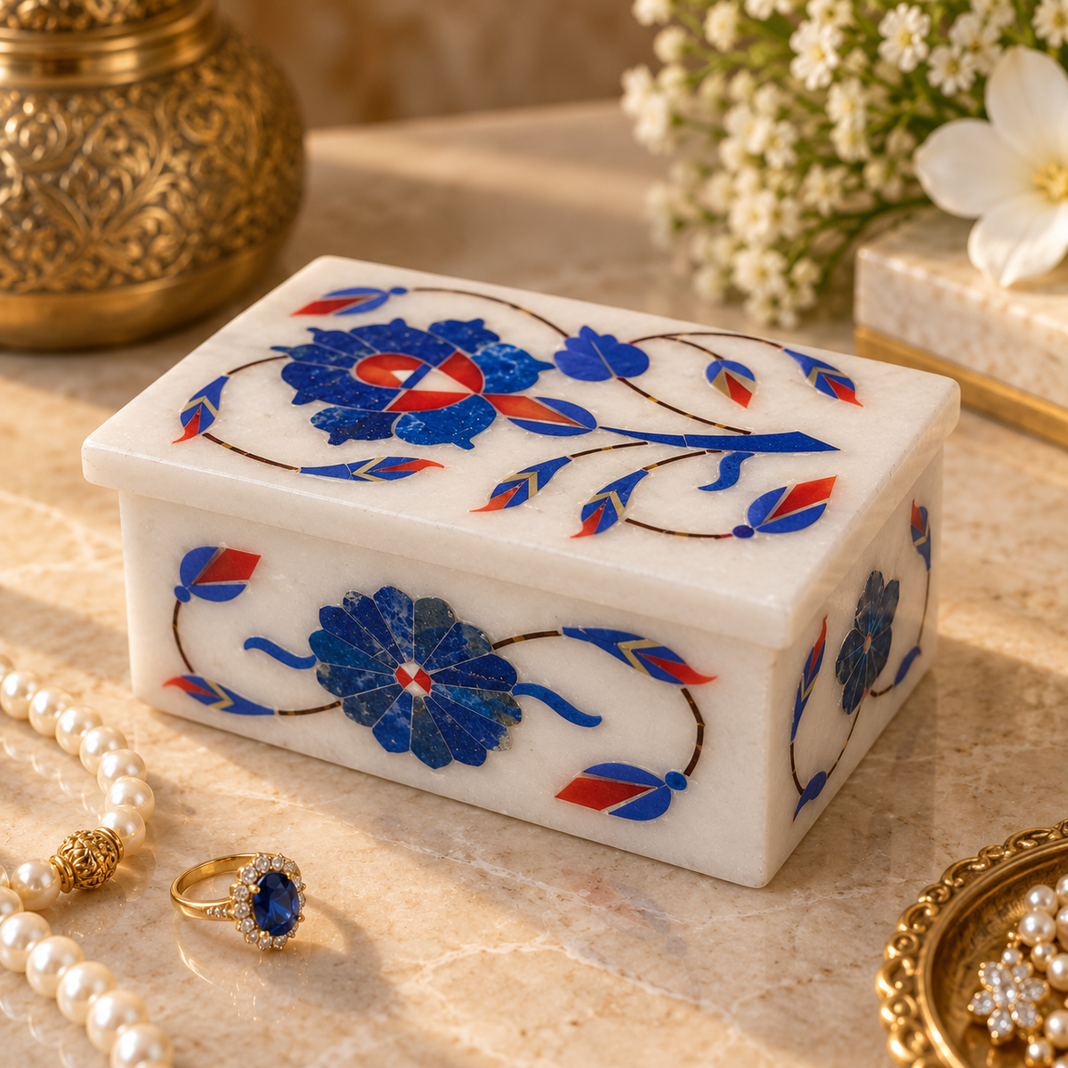 White marble earring storage box
Rectangular jewelry box with lid
Floral and leaf stone inlay
Handcrafted polished marble design
Traditional Indian-inspired decor
Storage for earrings and small accessories
Uphar Handicrafts