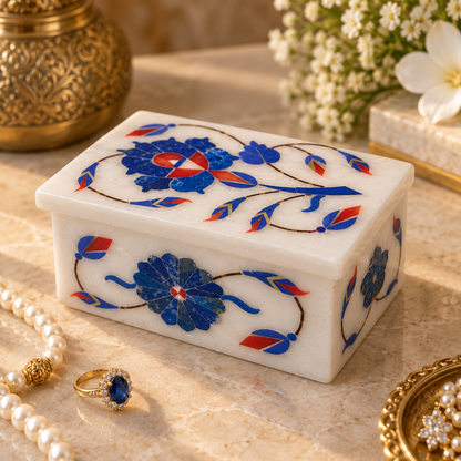 White marble earring storage box
Rectangular jewelry box with lid
Floral and leaf stone inlay
Handcrafted polished marble design
Traditional Indian-inspired decor
Storage for earrings and small accessories
Uphar Handicrafts