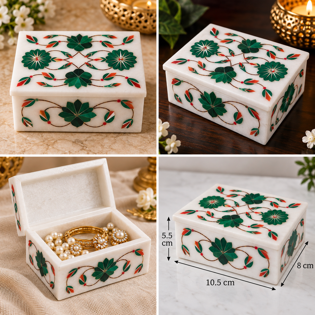 White marble floral inlay box
Rectangular jewelry box with lid
Hand-inlaid floral stone detailing
Polished white marble surface
Traditional Indian-inspired design
Handcrafted marble keepsake box
Uphar Handicrafts