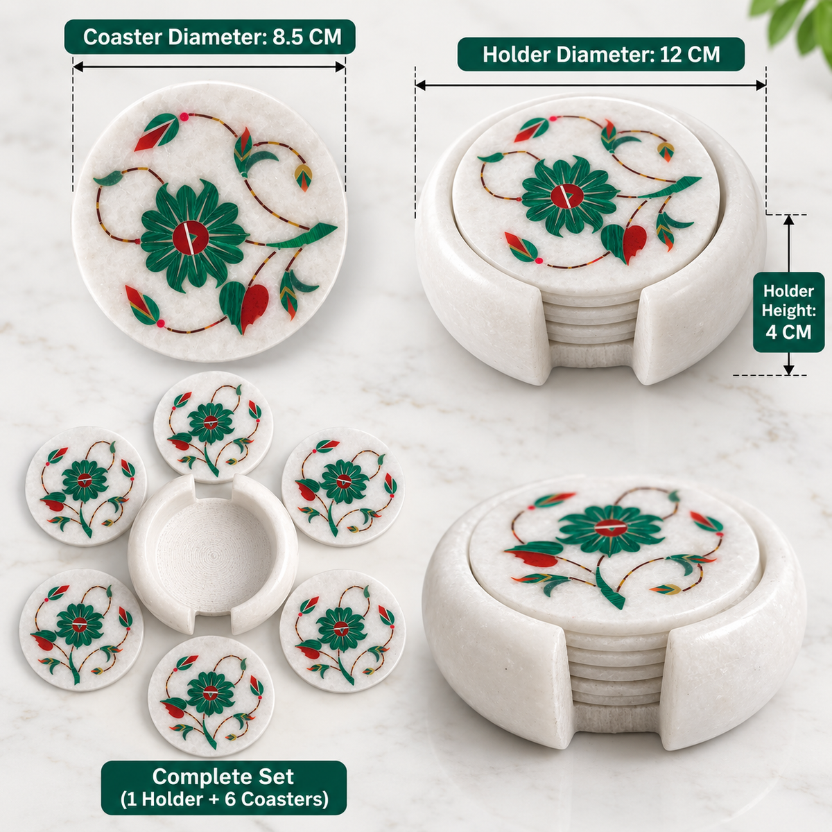 White marble coasters with floral inlay
Set of 6 round coasters with holder
Decorative floral vine pattern
Polished marble surface
Traditional Indian-inspired table accessory
Handcrafted marble coaster set
Uphar Handicrafts