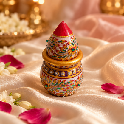 White marble Kalash with a decorative coconut top
Polished surface with hand-painted traditional artwork
Gold-tone borders add ornamental detailing
Decorative stones accent the Kalash design
Traditional Indian puja and temple decor
Handcrafted piece for festive displays and gifting
Uphar Handicrafts