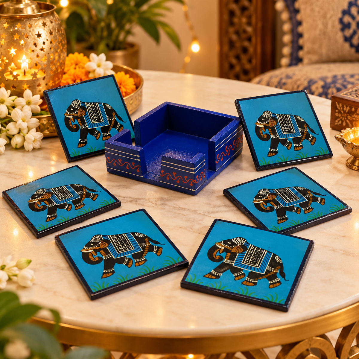 Wooden elephant coasters for table decor
Set of 6 handcrafted coasters with holder
Hand-painted elephant design
Square wooden coaster shape
Suitable for tea coffee mugs and glasses
Traditional Rajasthani-inspired home decor
Uphar Handicrafts