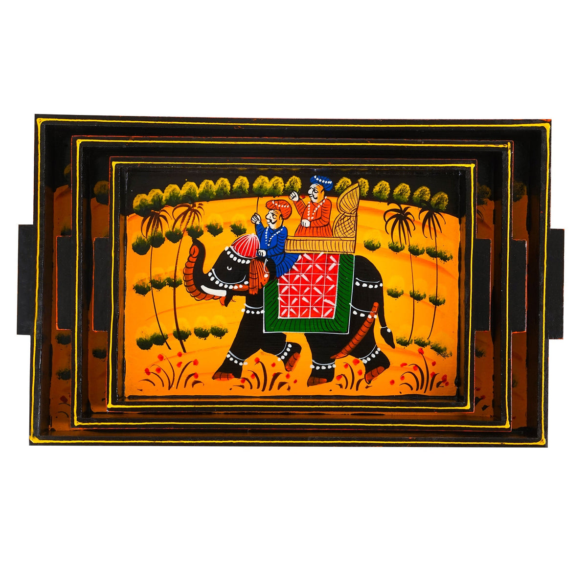 Wooden Serving Tray with Elephant Design
Hand Painted Rajasthani Artwork
Set of 3 Wooden Trays
Small Medium and Large Trays
Traditional Indian Table Decor
Uphar Handicrafts