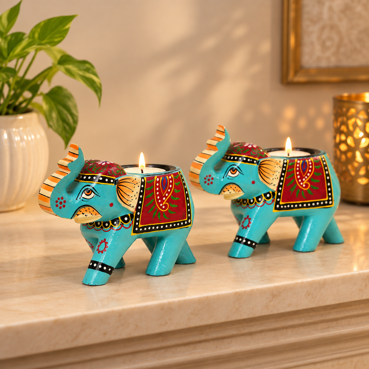 Wooden elephant tealight candle holder
Standing trunk-up elephant design
Hand-painted wooden tealight holder
Tealight cup on elephant back
Traditional Rajasthani Indian-inspired decor
Handcrafted elephant candle holder
Uphar Handicrafts