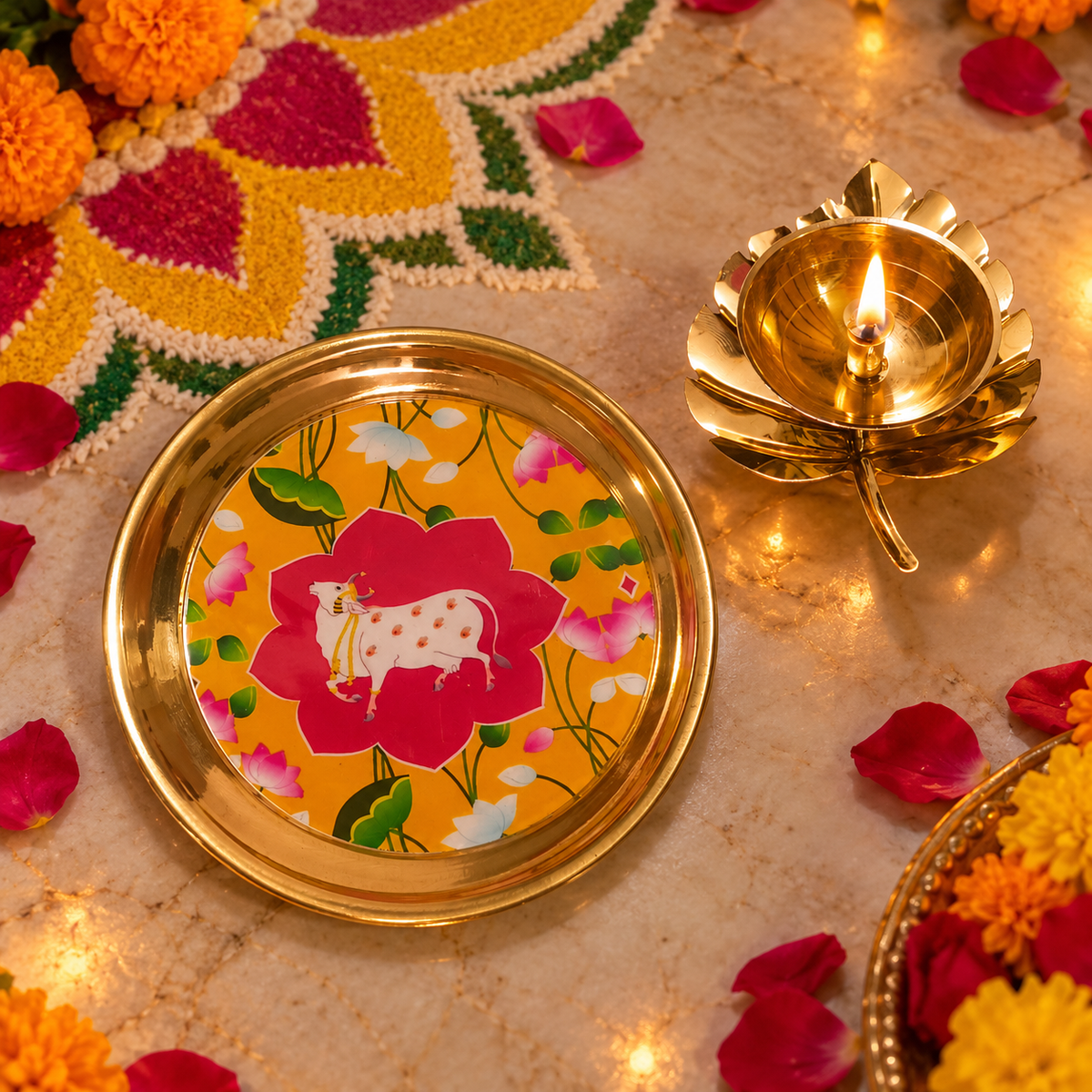 Yellow Lotus Cow design puja plate and diya set
Brass plate with hand-painted Pichwai-style artwork
Cow and lotus-inspired decorative motifs
Open lotus-shaped brass diya included
Traditional accessories for puja and aarti
Festive decor for Diwali and Janmashtami
Uphar Handicrafts